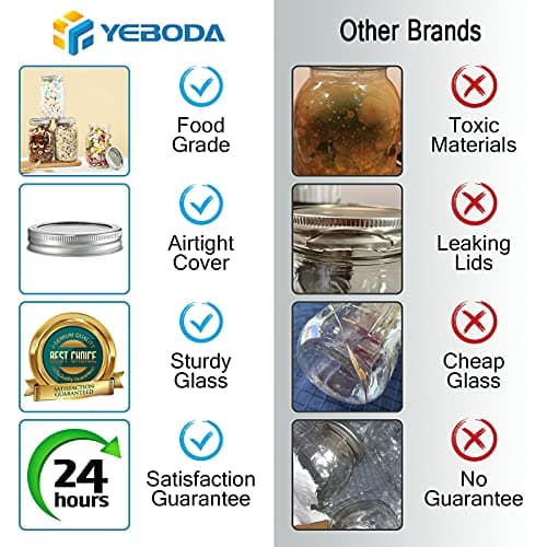YEBODA 6 Pack 32oz Wide Mouth Mason Jars with Airtight Lids for Preserving & More