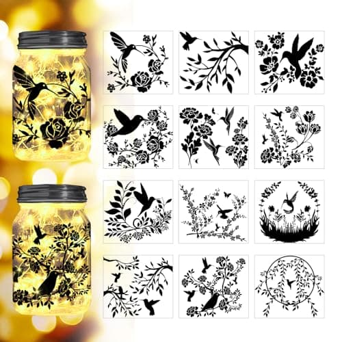 Reusable Forest Silhouette Jar Decals, 12Pcs DIY Craft Kit for Jars & Mason Can — Hummingbird and Flower