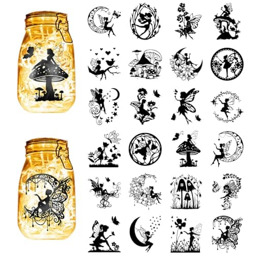 CREATCABIN Fairy Silhouettes Mason Jar Decor Ornaments for Frosted Glass — Fairy Mushroom Rabbit