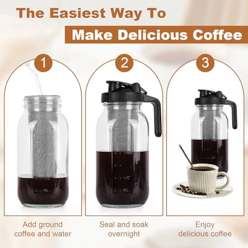 64 oz Cold Brew Coffee Maker, Stainless Steel Filter Mason Jar Pitcher