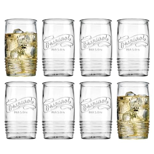 Glaver's Set of 8 20oz Vintage Mason Logo Stemless Tumbler Glasses for Bar and Everyday Use