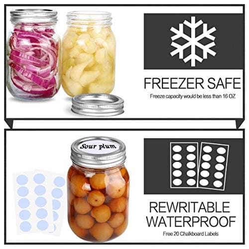 KAMOTA 16 OZ Mason Jars, 12 Pack with Lids & Bands, Whiteboard Labels Included