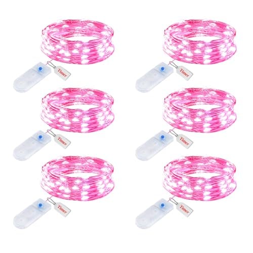 Minetom 12 Pack Waterproof Fairy Lights with Timer - 7ft LED Silver Wire Firefly Lights — Pink