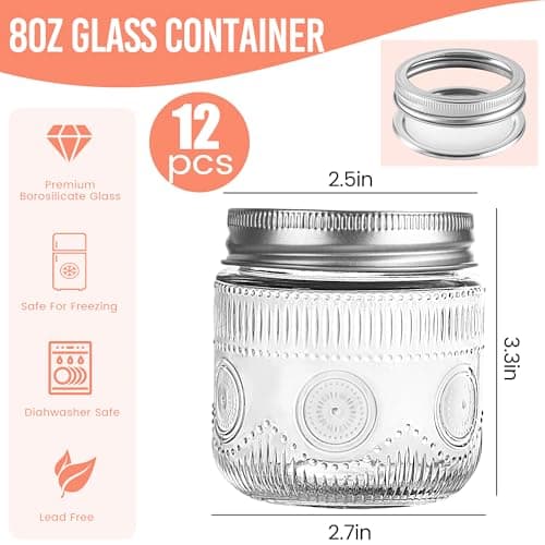 Amzcku 12 Pack 8 oz Vintage Mason Jars with Lids, Canning, Pickling & Storage Solutions