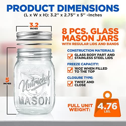 NutriChef 8-Pack 16 oz Mason Jars with Lids - Thick Glass Canning Jars