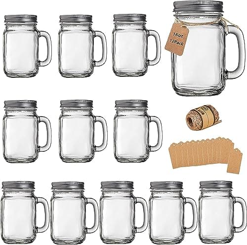 TANGLONG Mason Jar Cups, 16 oz, 12 Pack with Handle and Lid