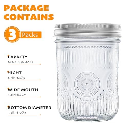 Amzcku 16oz Vintage Mason Jars with Lids, Wide Mouth for Storage, Canning & More (6 Pack)