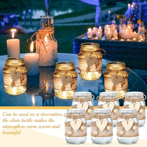 Mumufy 6 Sets Mason Jar Centerpieces with Lace & Heart Hemp Rope Decorations