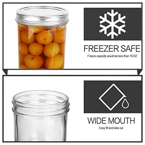 KAMOTA 16 oz Wide Mouth Mason Jars, 12 Pack, Silver Lid & Band
