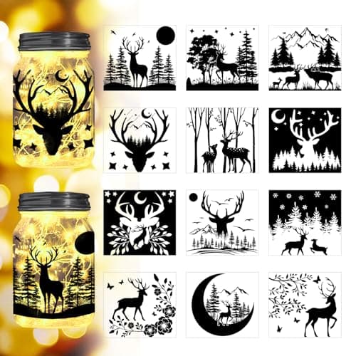 Reusable Forest Silhouette Jar Decals, 12Pcs DIY Craft Kit for Jars & Mason Can — Wild Deer and Tree