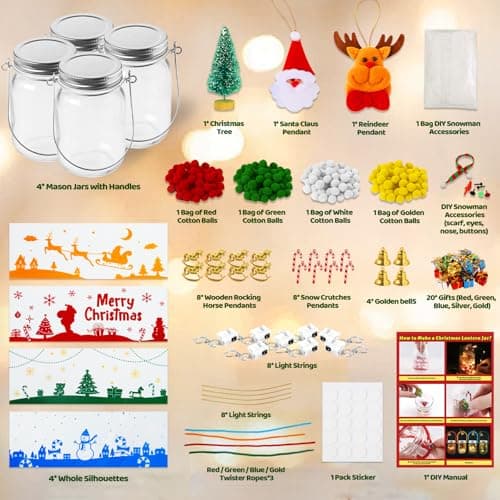 Christmas Crafts for Kids Ages 3-12: 4-Pack Mason Jar Kits for DIY Lanterns and Holiday Party Favors
