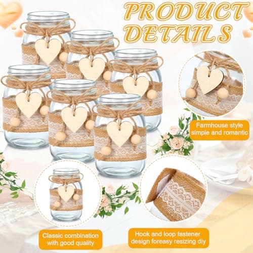 Mumufy 6 Sets Mason Jar Centerpieces with Lace & Heart Hemp Rope Decorations
