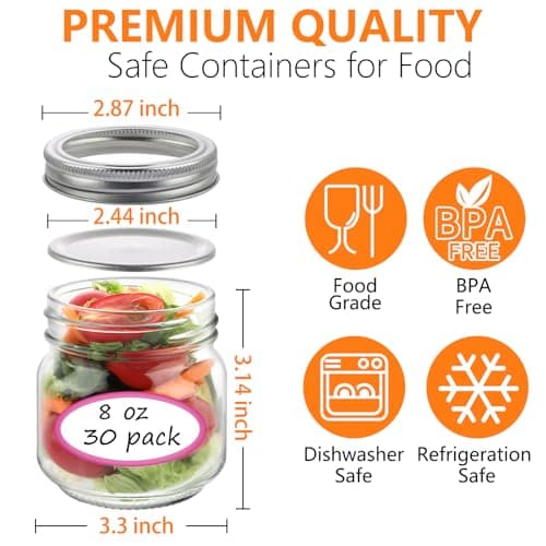 30 Pack 8 oz Mason Jars with Lids and Bands, Small Glass Canning Jars
