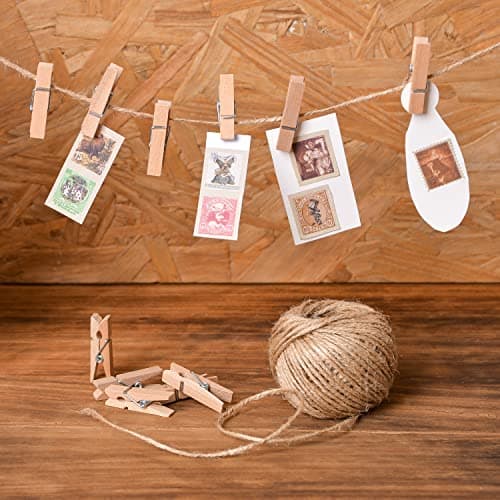 HSTECH 100pcs Mini Natural Wooden Clothespins & 82ft Jute Twine for Home Arts Crafts