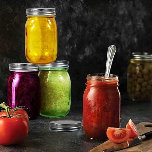 Colorful 16 oz Glass Mason Jars with Lids - 6 Pack Canning, DIY Crafts, Fermenting, Microwave & Freeze Safe