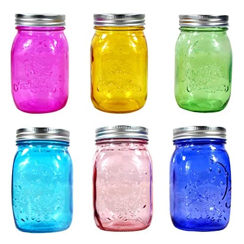 Colorful 16 oz Glass Mason Jars with Lids - 6 Pack Canning, DIY Crafts, Fermenting, Microwave & Freeze Safe