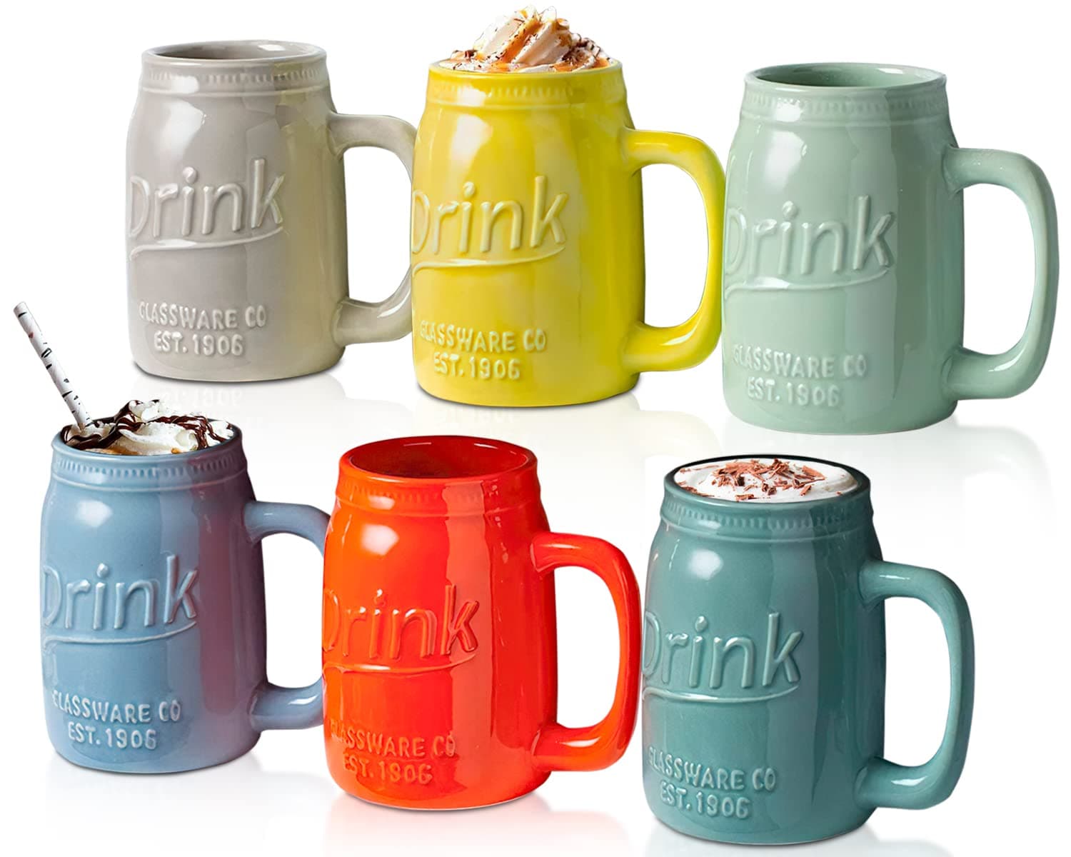 Ceramic Mason Jar Mugs - Set of 6 - 15oz - Vibrant Colors - Ideal for Coffee and Tea - Perfect for Indoor and Outdoor Parties - Farmhouse Decor Collection
| Mason Jar Mugs - Set of 6 - 15oz - Ceramic - Bright Vibrant Colors - Perfect for Cold and Ho