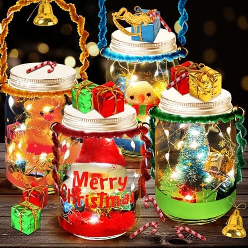 Christmas Crafts for Kids Ages 3-12: 4-Pack Mason Jar Kits for DIY Lanterns and Holiday Party Favors