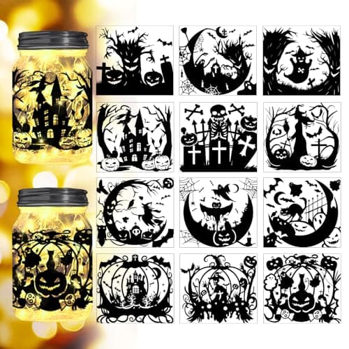 Reusable Forest Silhouette Jar Decals, 12Pcs DIY Craft Kit for Jars & Mason Can — Halloween Elements