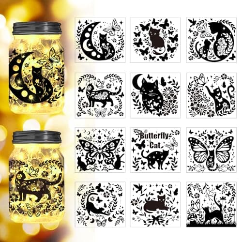 Reusable Forest Silhouette Jar Decals, 12Pcs DIY Craft Kit for Jars & Mason Can — Cats and Butterfly