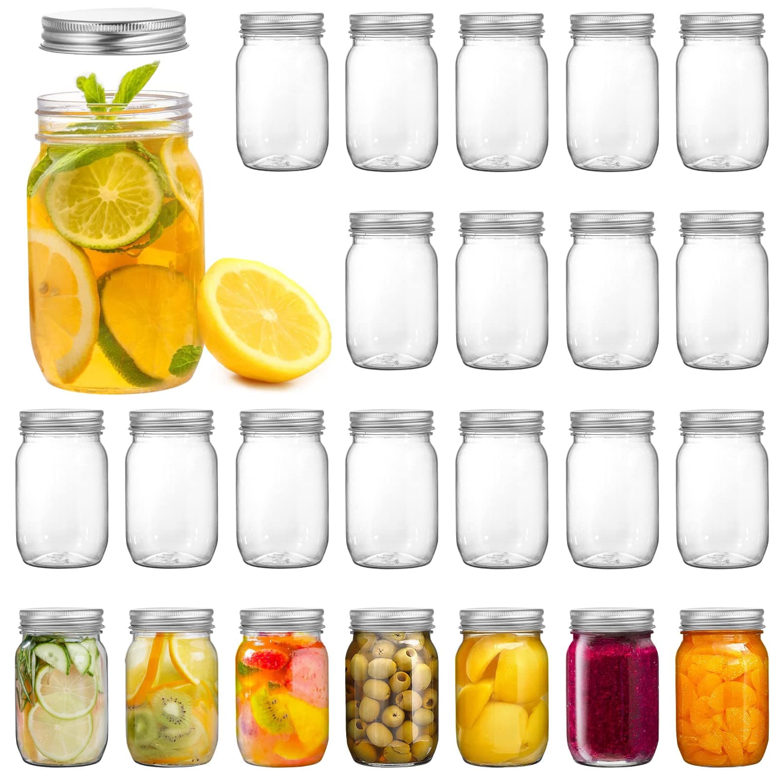 Tebery 24-Pack Clear Plastic Mason Jars, Shatterproof Storage for Slime, Oats, Honey