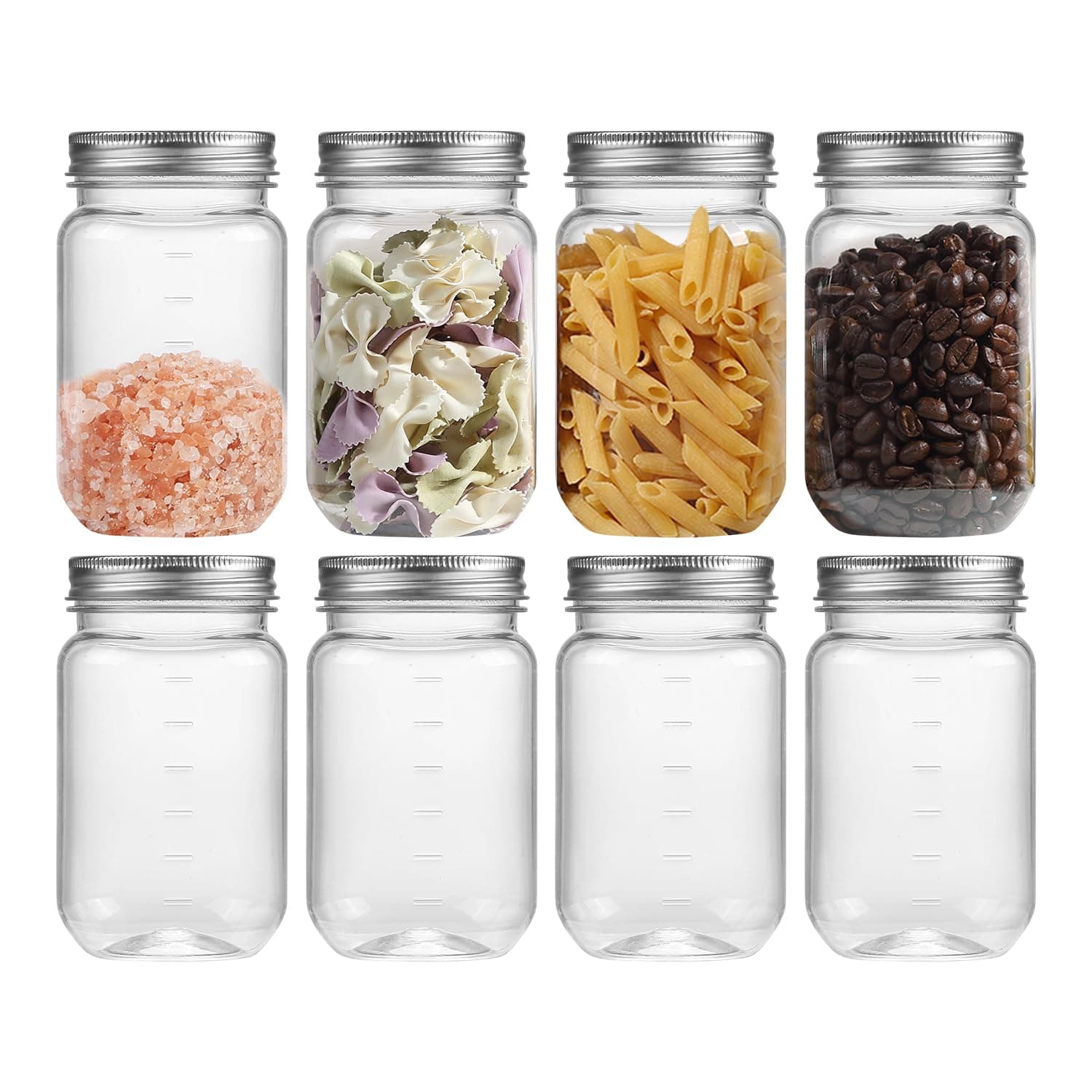 Novelinks 16 oz Clear Plastic Mason Jars with Silver Lids – Reusable Food Storage Containers with Lids, BPA-Free, Leakproof, Pantry and Kitchen Storage, DIY Crafts – 8 Pack
