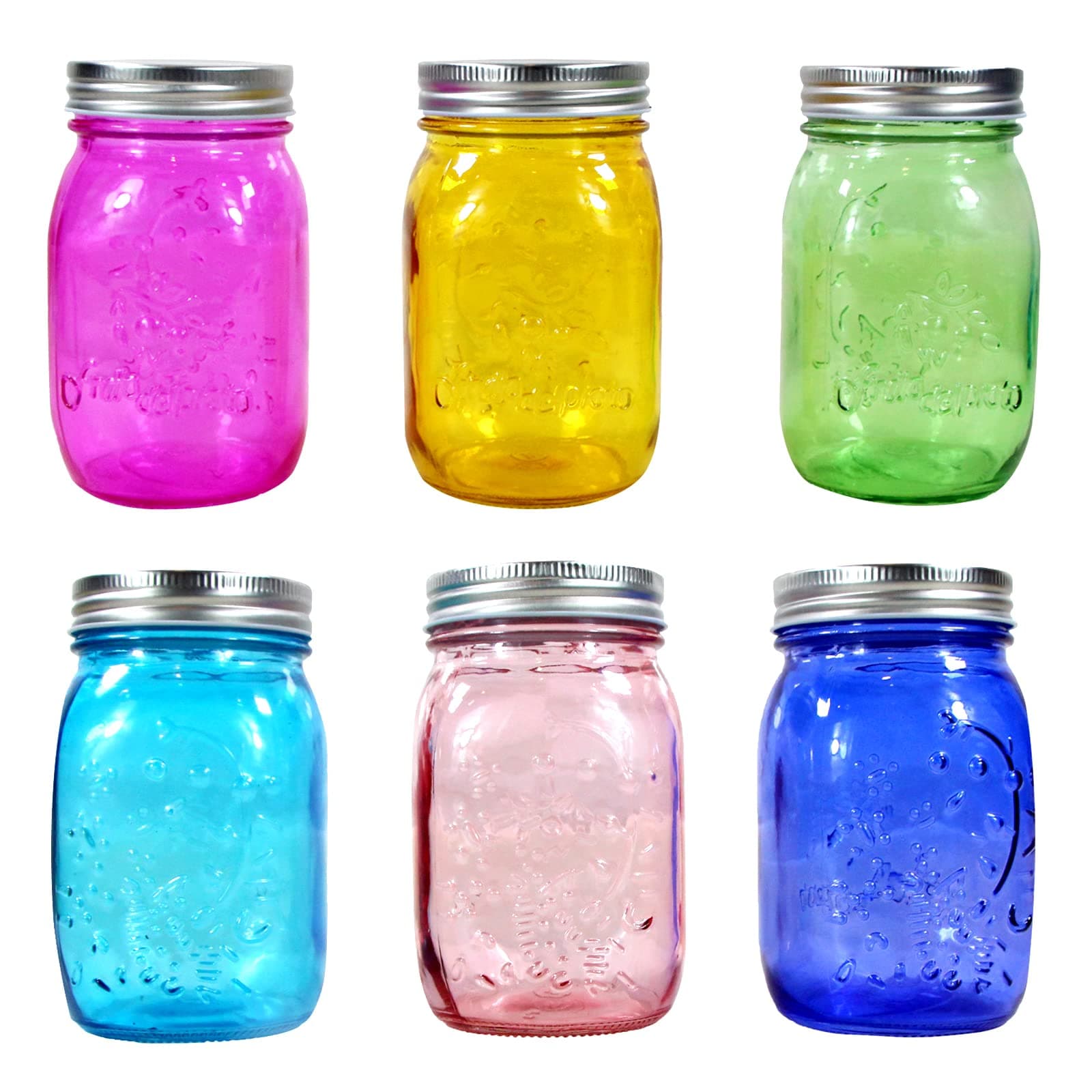 Colorful 16 oz Glass Mason Jars with Lids - 6 Pack Canning, DIY Crafts, Fermenting, Microwave & Freeze Safe