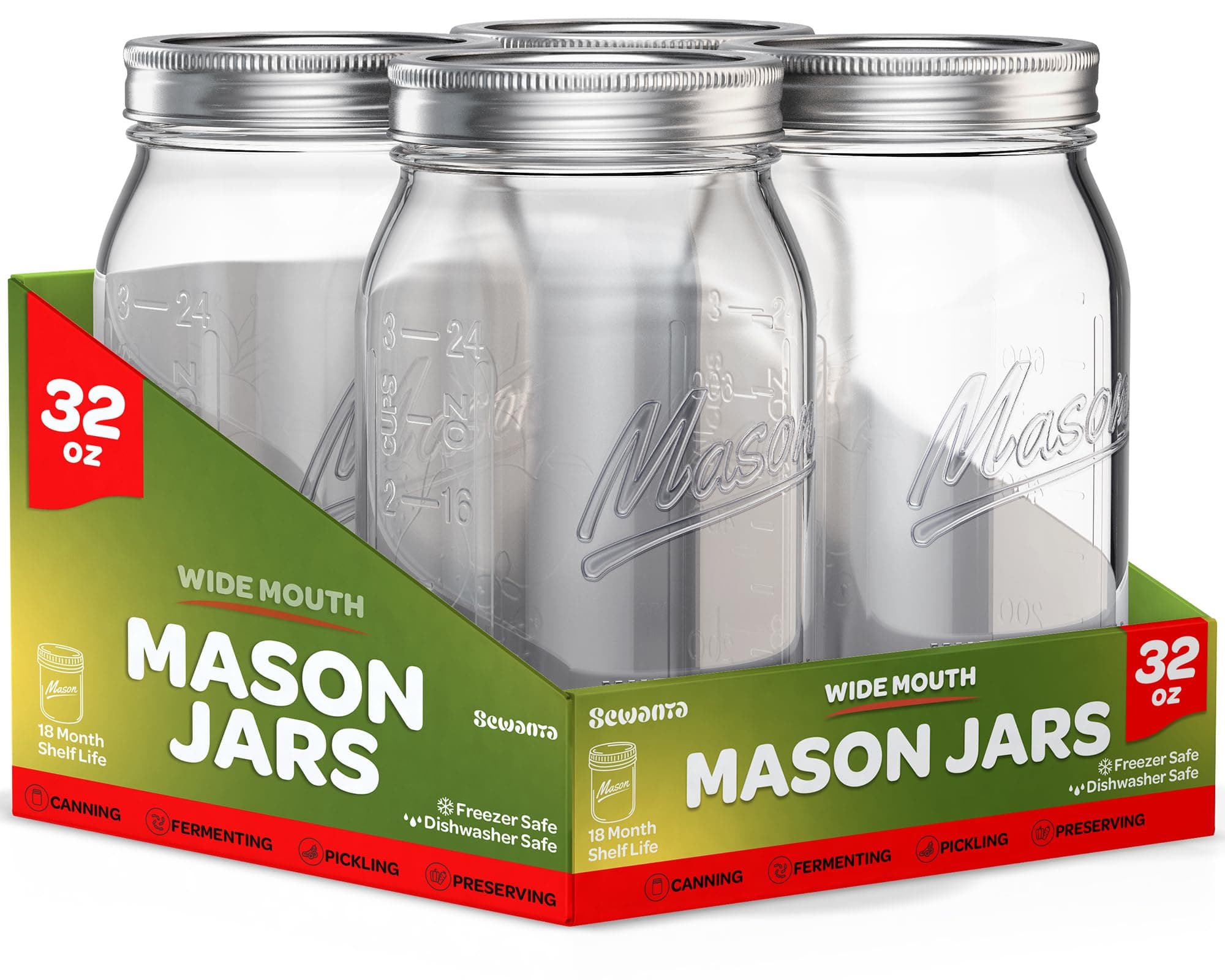SEWANTA 32 oz Mason Jars 4 Pack - Canning, Fermenting, Pickling, Microwave Safe