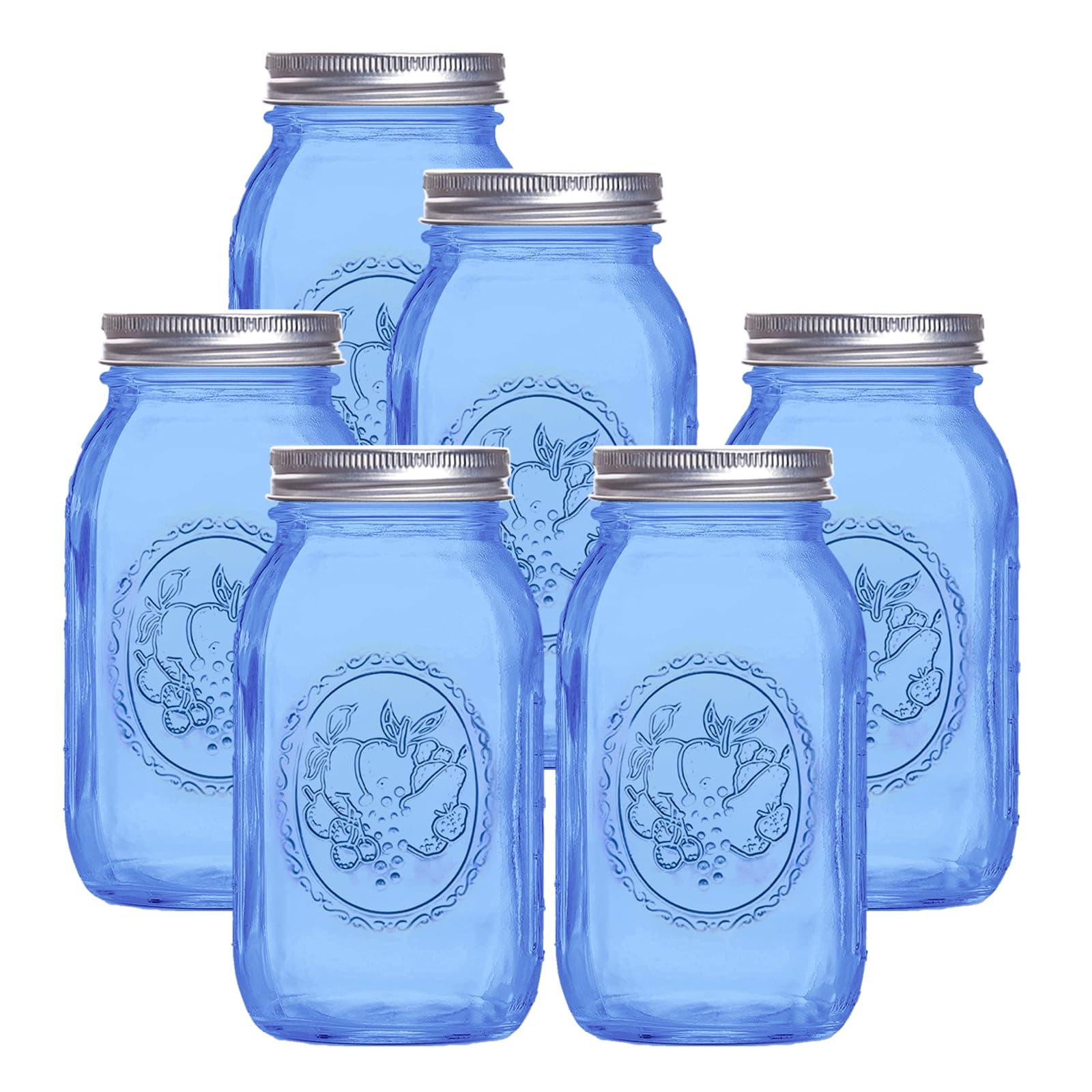 ElegantTime 32 oz Blue Glass Mason Jars, 6 Pack for Canning & Storage