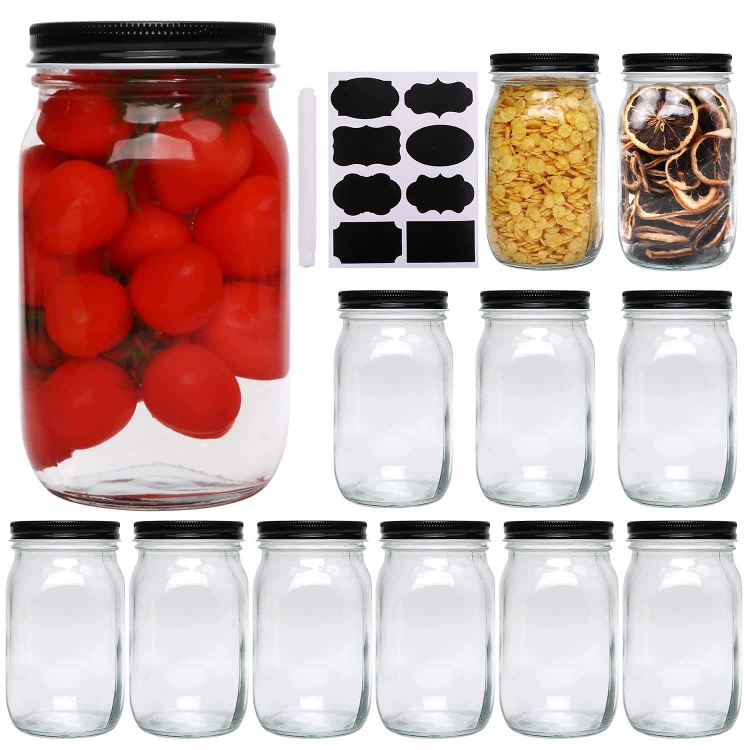 QAPPDA Clear 32 oz Wide Mouth Glass Mason Jar Set of 12 with Airtight Lid for Pickles, Jams, Canning