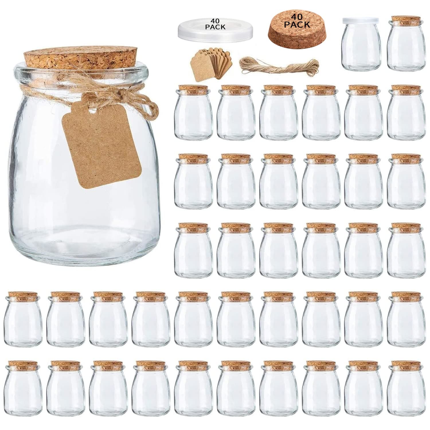Brajttt Mini Yogurt Jars, 40 Pack, 7 oz, Mason Style Favors with Cork Lids