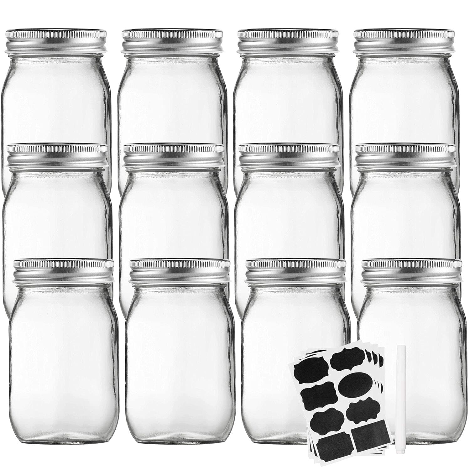 Accguan Mason Jars 16 oz, 12-Pack with Lids & Bands, 16 Labels Included