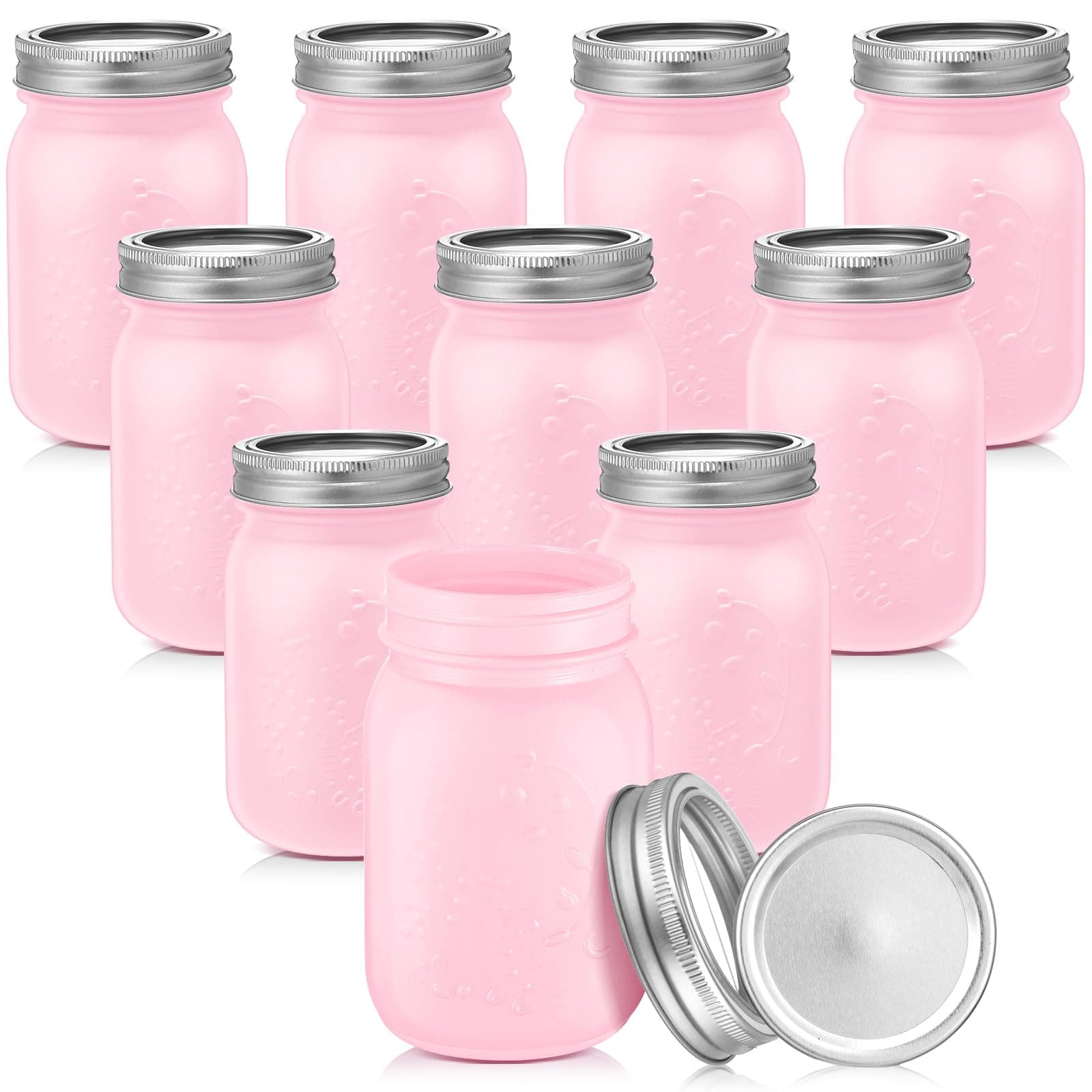10 Pack 16 oz Pink Glass Mason Jars with Lids for Preserving Jam and DIY Gifts