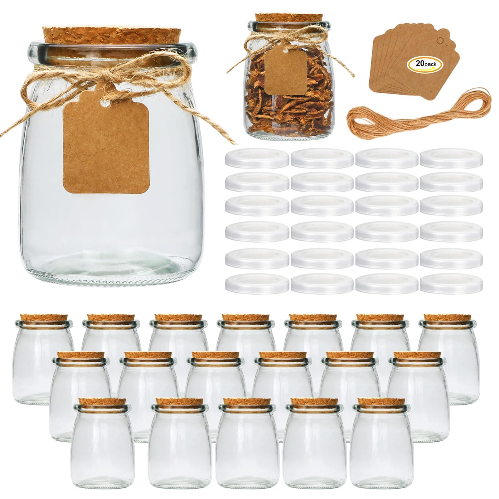 Brajttt Mini Yogurt Jars 30 Pack, 7 oz Glass Favor Jars with Cork Lids