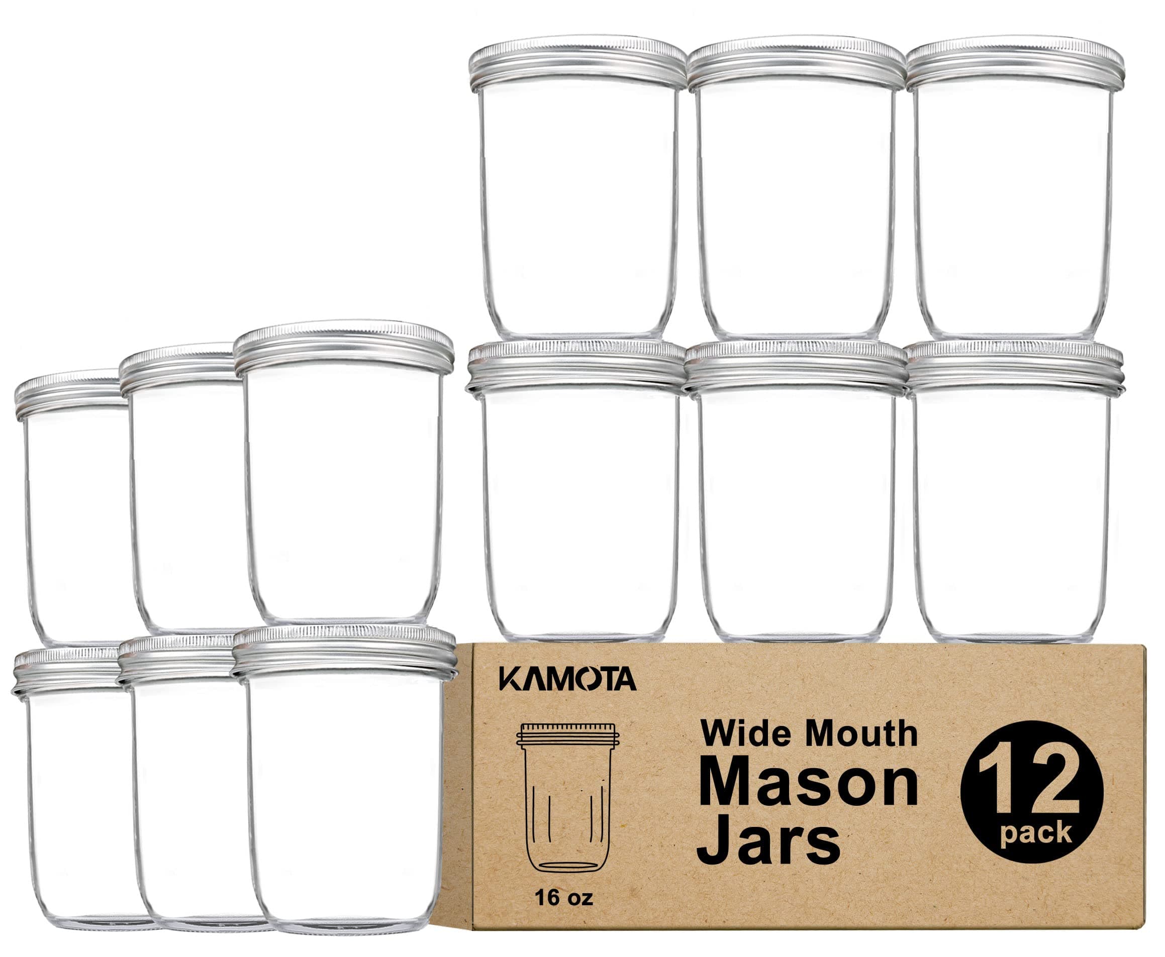 KAMOTA 16 oz Wide Mouth Mason Jars, 12 Pack, Silver Lid & Band