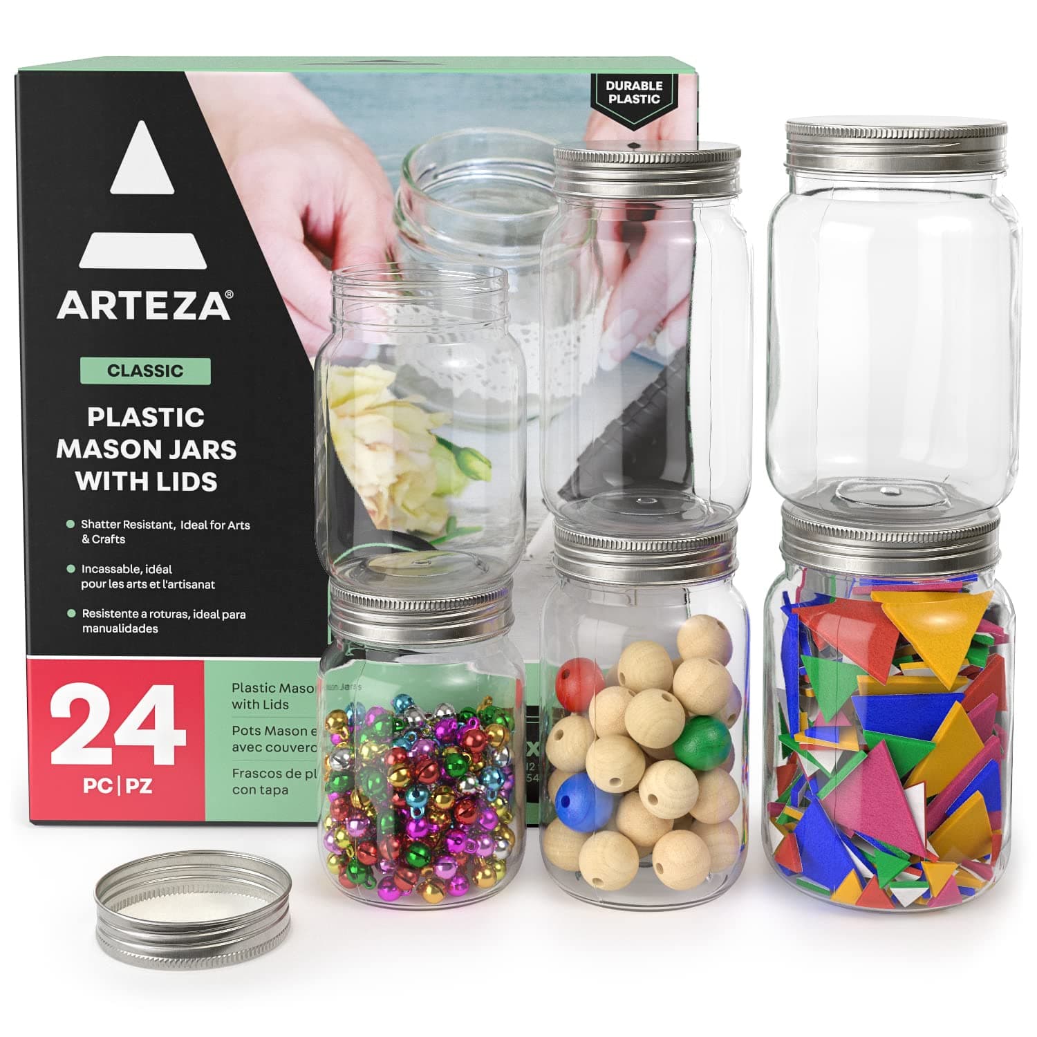 ARTEZA Mason Jars, Regular Mouth Plastic Jars, 8 oz, 12 oz, 16 oz