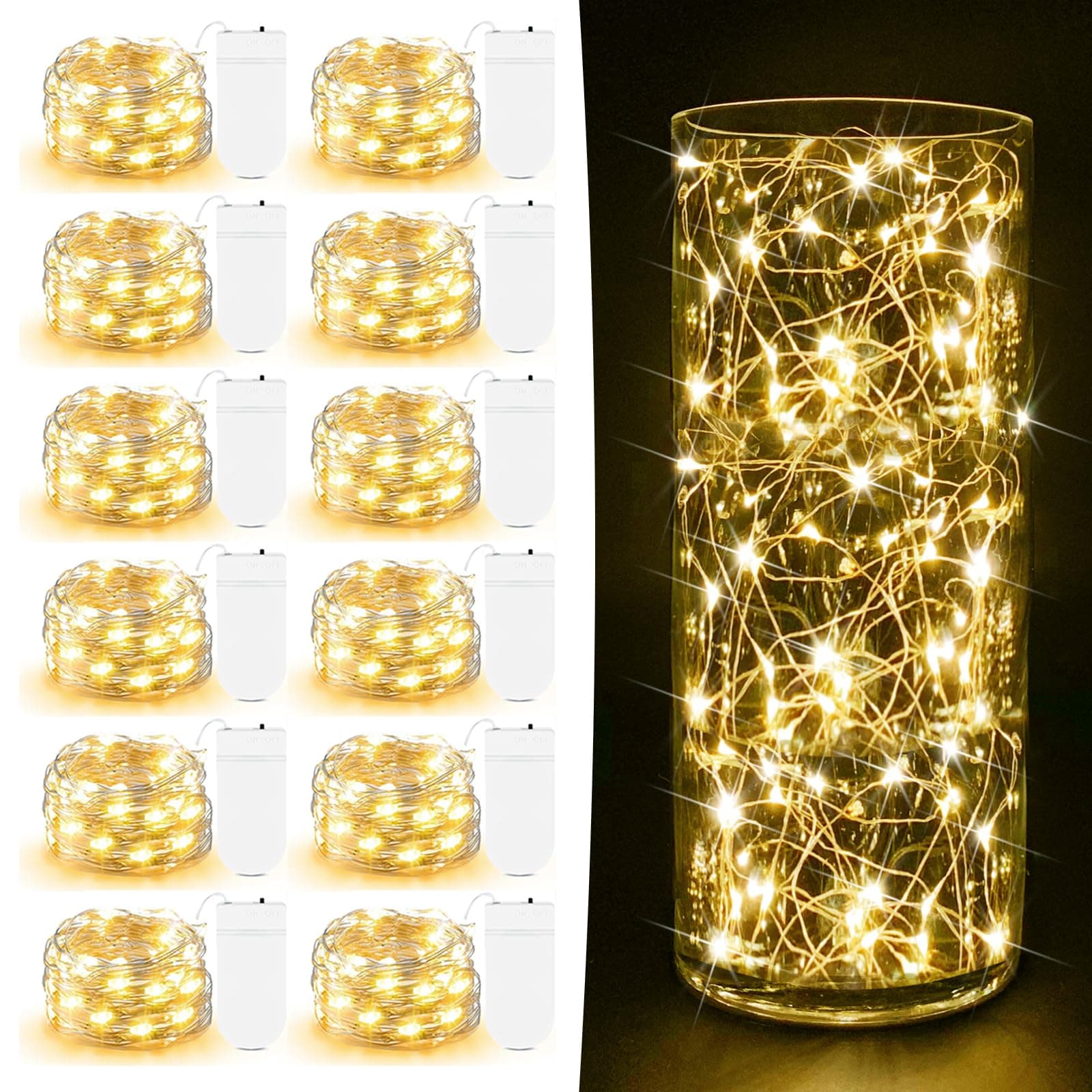 12 Pack Copper Twinkle Lights - 7ft Warm White Fairy Lights for Mason Jars & DIY Crafts