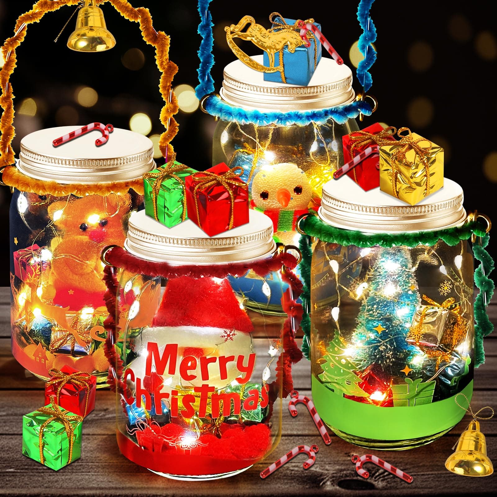 Christmas Crafts for Kids Ages 3-12: 4-Pack Mason Jar Kits for DIY Lanterns and Holiday Party Favors