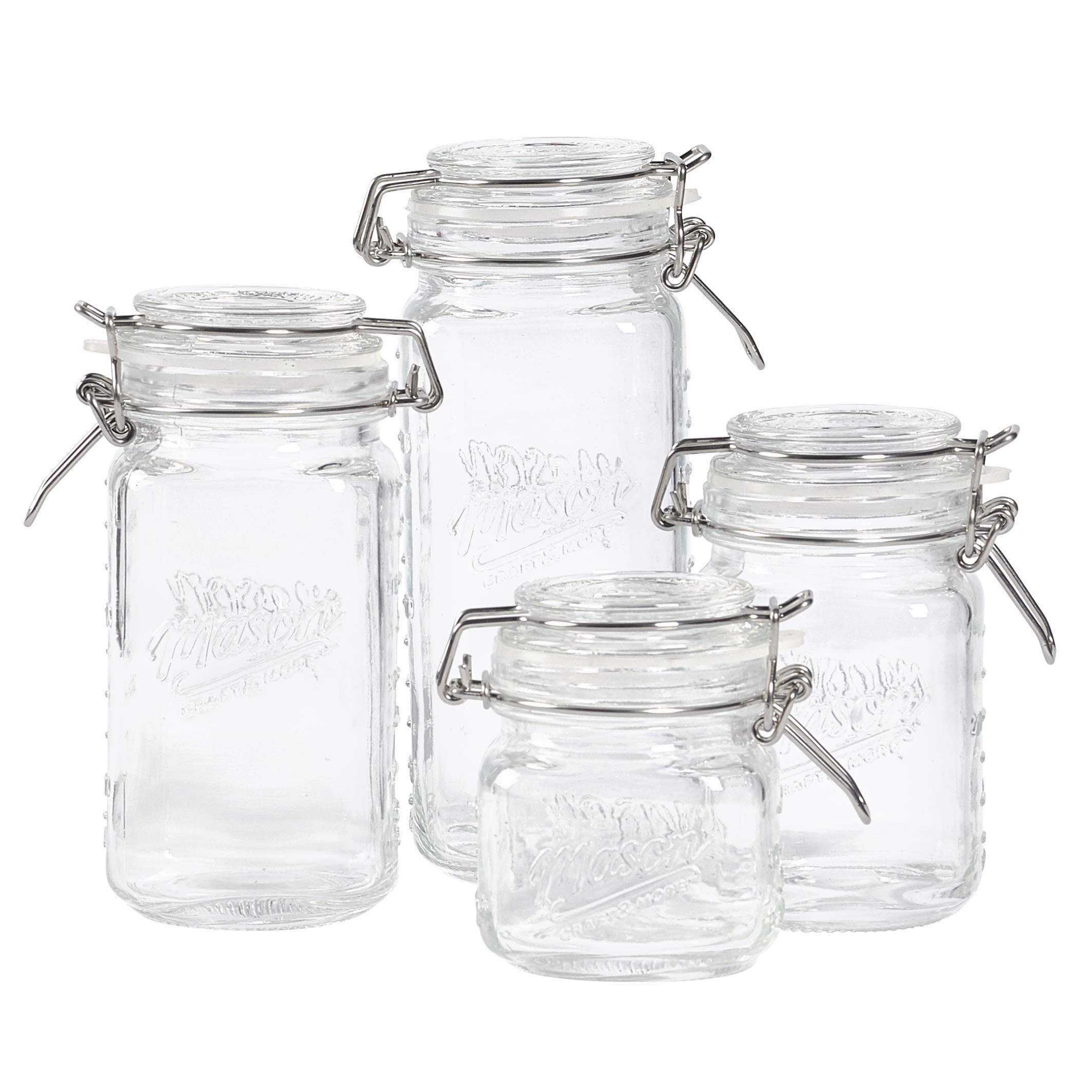 Mason Craft & More Airtight Kitchen Food Storage Clear Glass Clamp Jars, 4 Piece Mini Clamp Preserving Jar Set