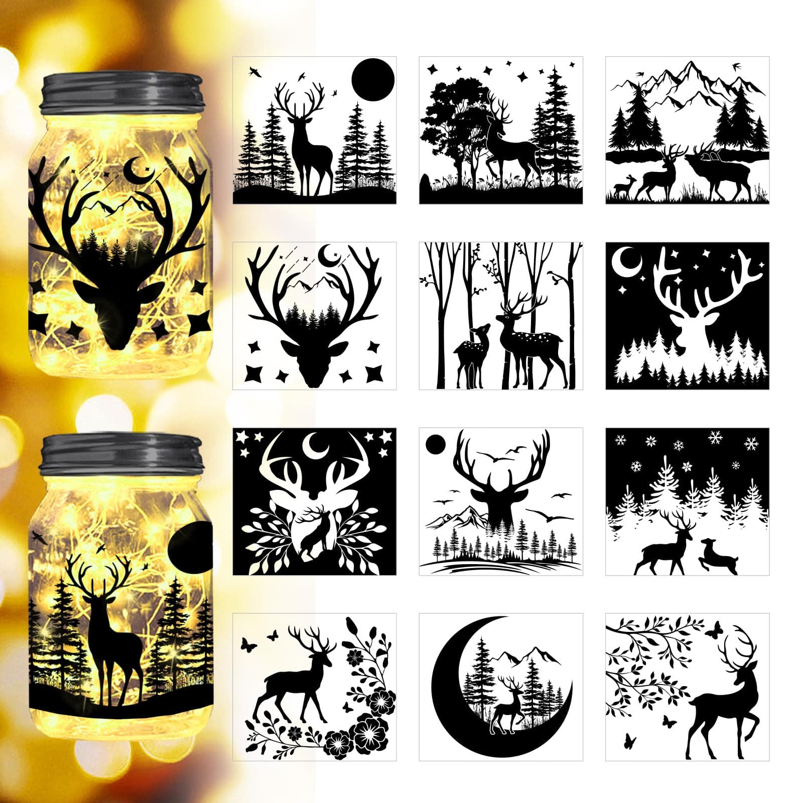 Wild Deer and Tree Silhouette Cutouts for Jars, 12Pcs Reusable Home Decor Kit