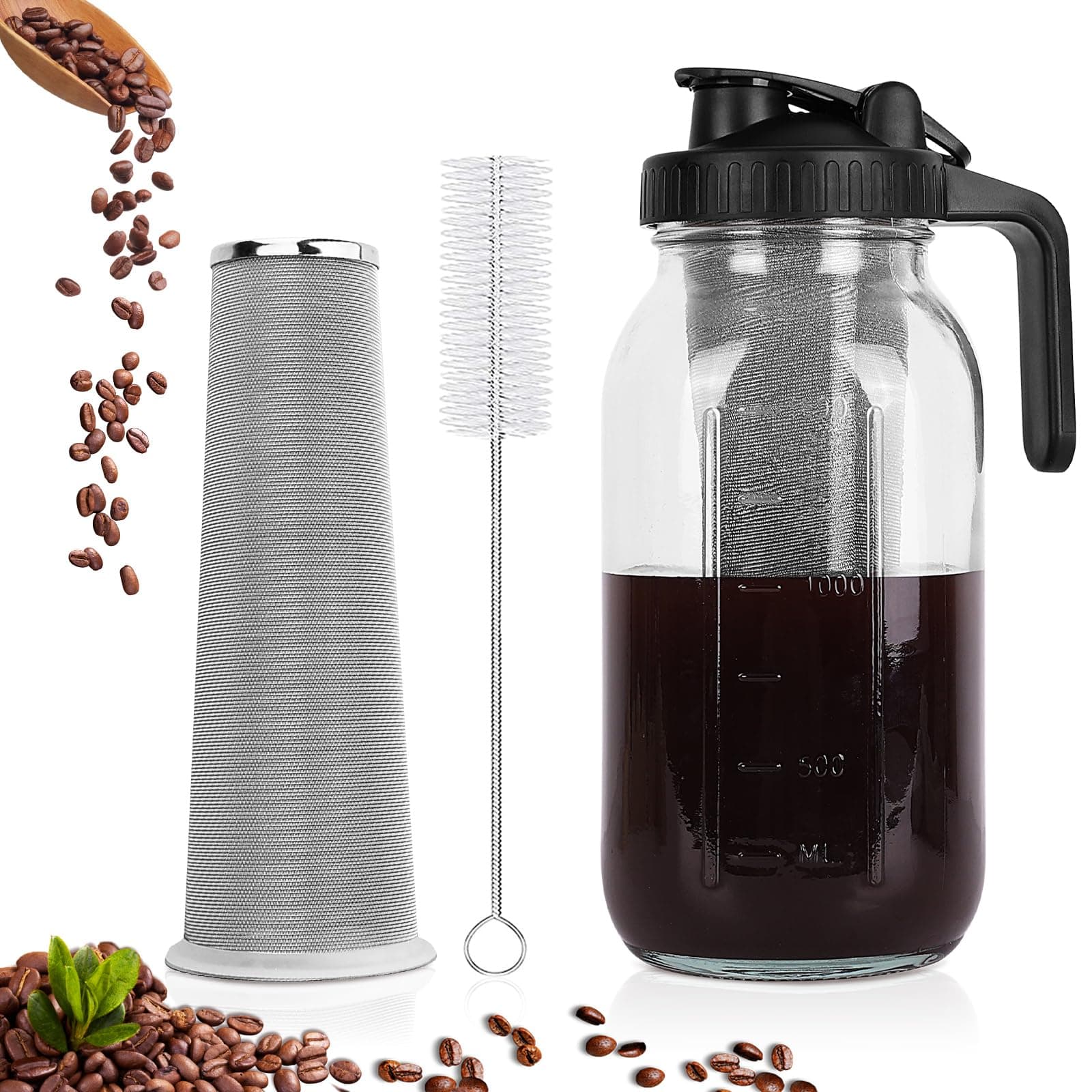 64 oz Cold Brew Coffee Maker, Stainless Steel Filter Mason Jar Pitcher