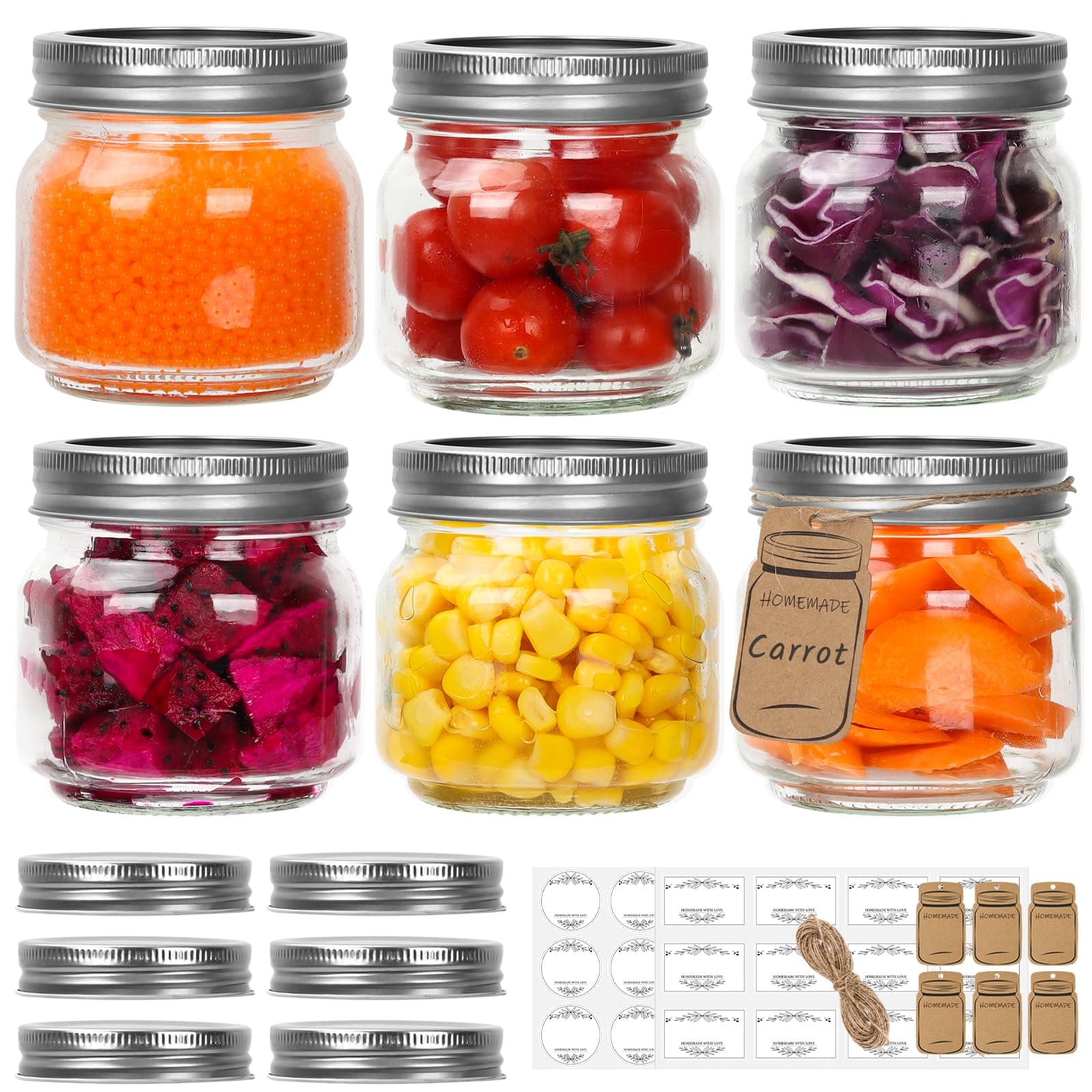 8oz Glass Mason Jars, 6 Pack with Labels, Perfect for Spices and Candies