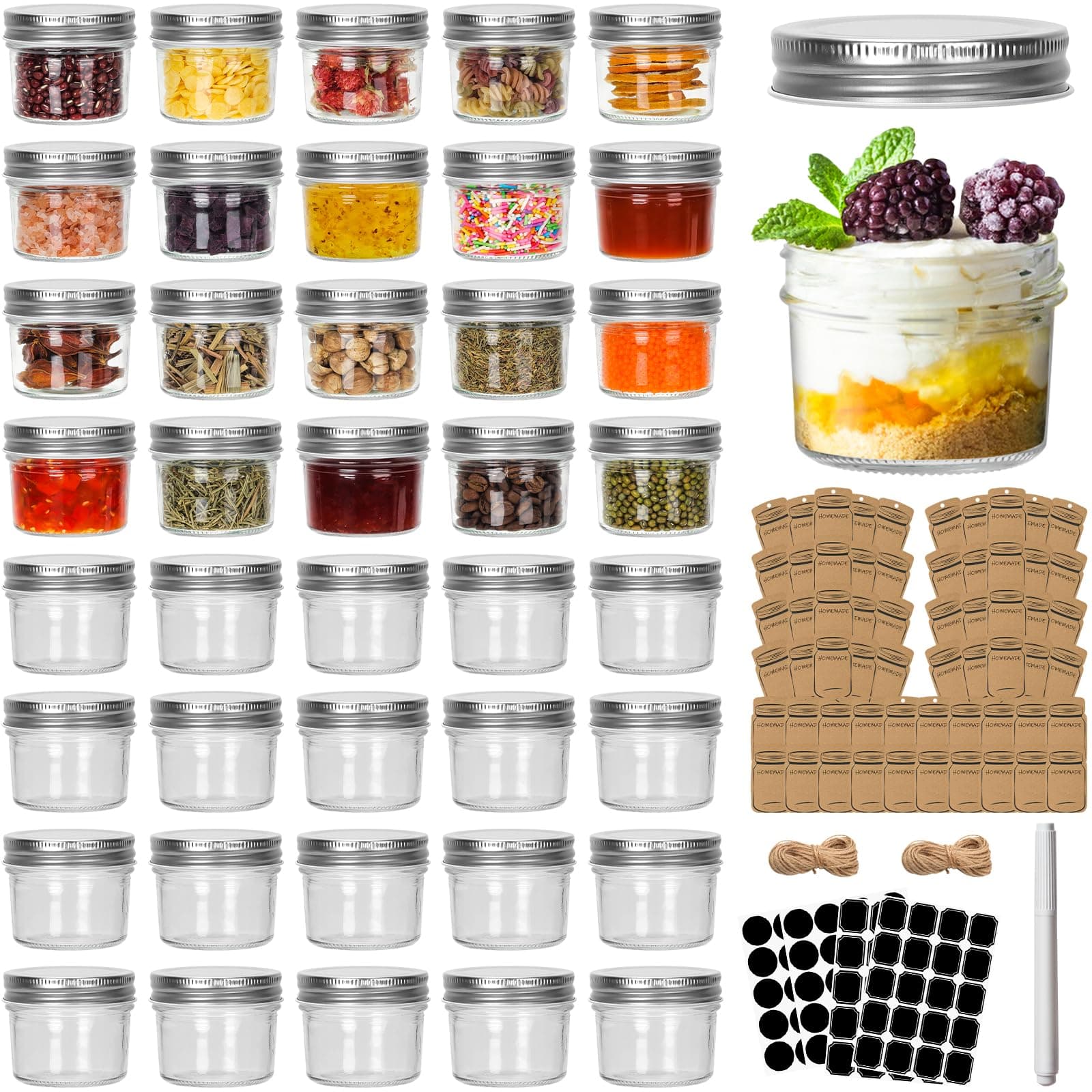 CycleMore 40 Pack 4oz Clear Mason Jars with Silver Lids, Spice Bottles for Honey & Jam