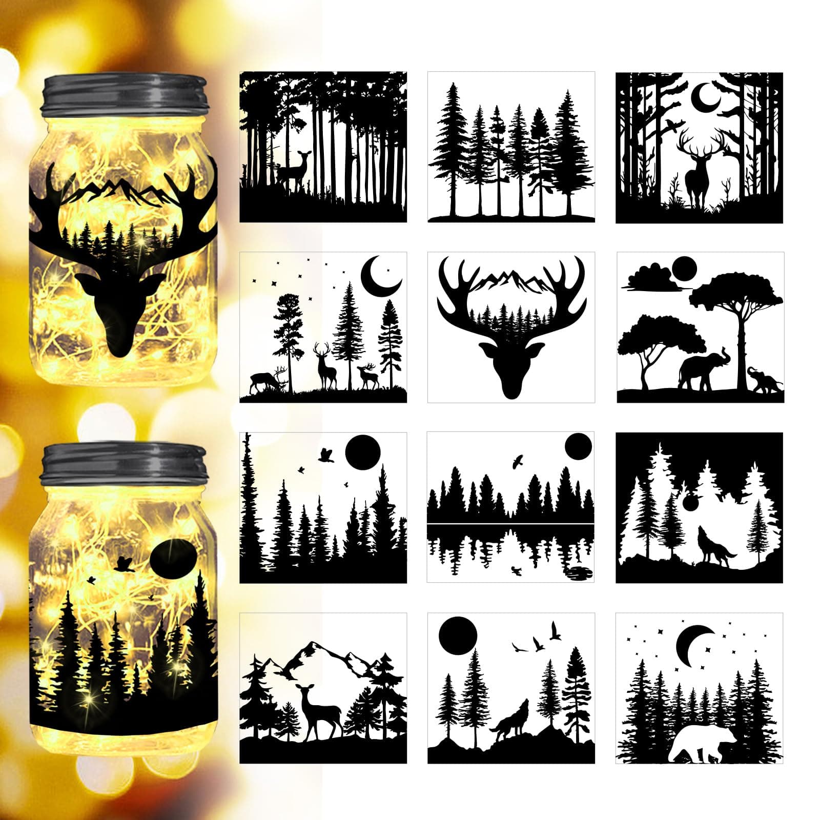 Reusable Forest Silhouette Jar Decals, 12Pcs DIY Craft Kit for Jars & Mason Can