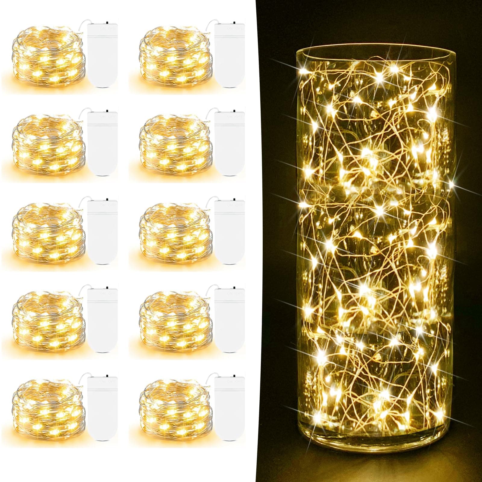 10 Pack Copper Twinkle Lights - 7ft Warm White Battery Operated Fairy Lights for DIY Crafts & Party Decor
