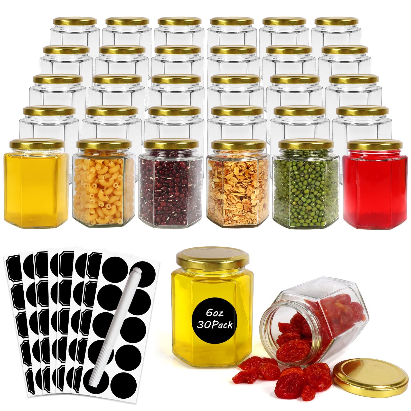 Betrome 30 Pack 6oz Hexagon Glass Jars with Gold Lids for Craft and Wedding Favors
Betrome 180ml Clear Glass Canning Jars with Gold Lids for Jams and Shower Favors
Betrome 30 Pack 6oz Hexagon Glass Jars with Gold Lids for Crafting and Kitchen Storage