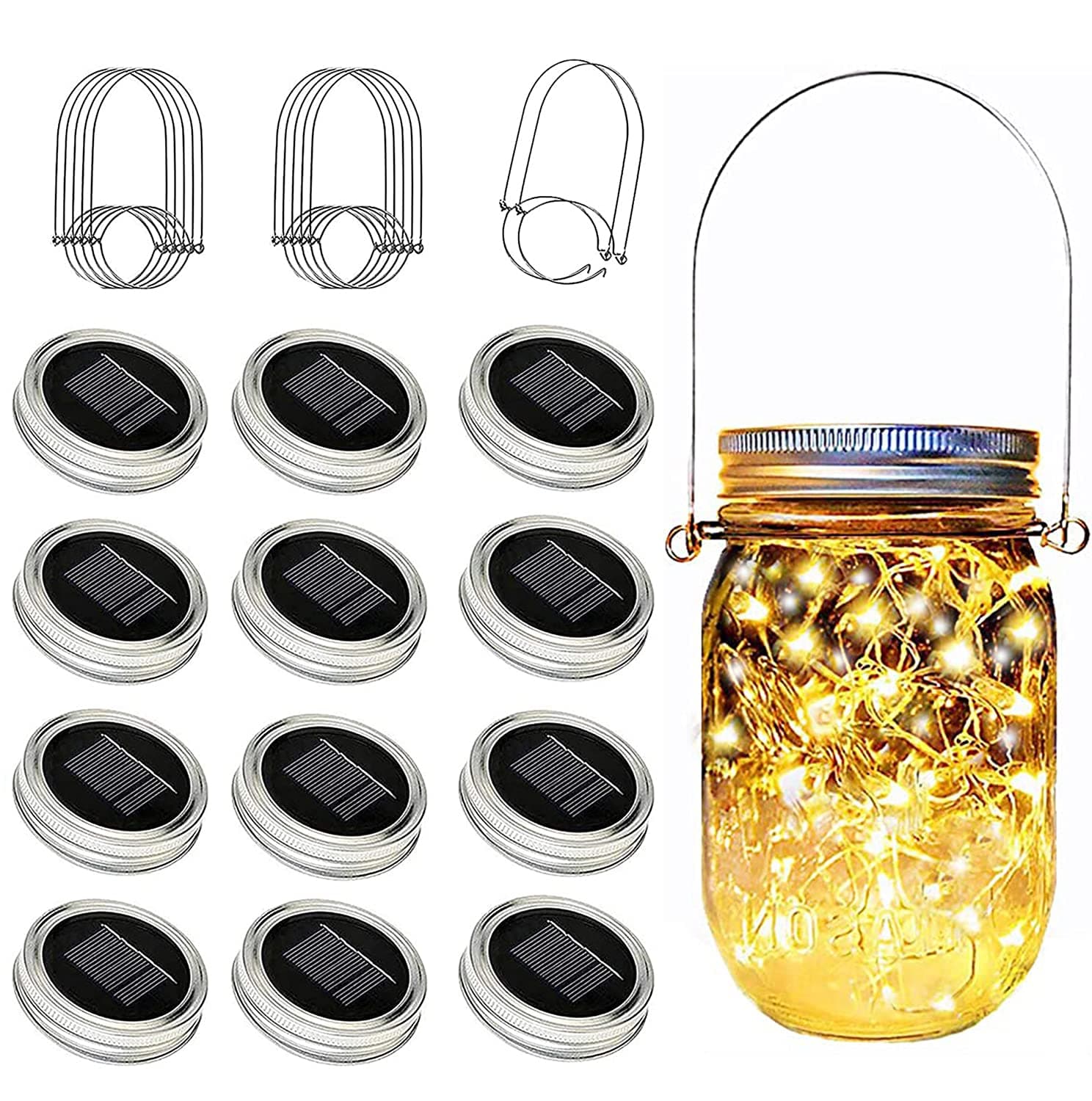 12-Pack Solar Mason Jar Lid Lights 30 LED Firefly String Lights
