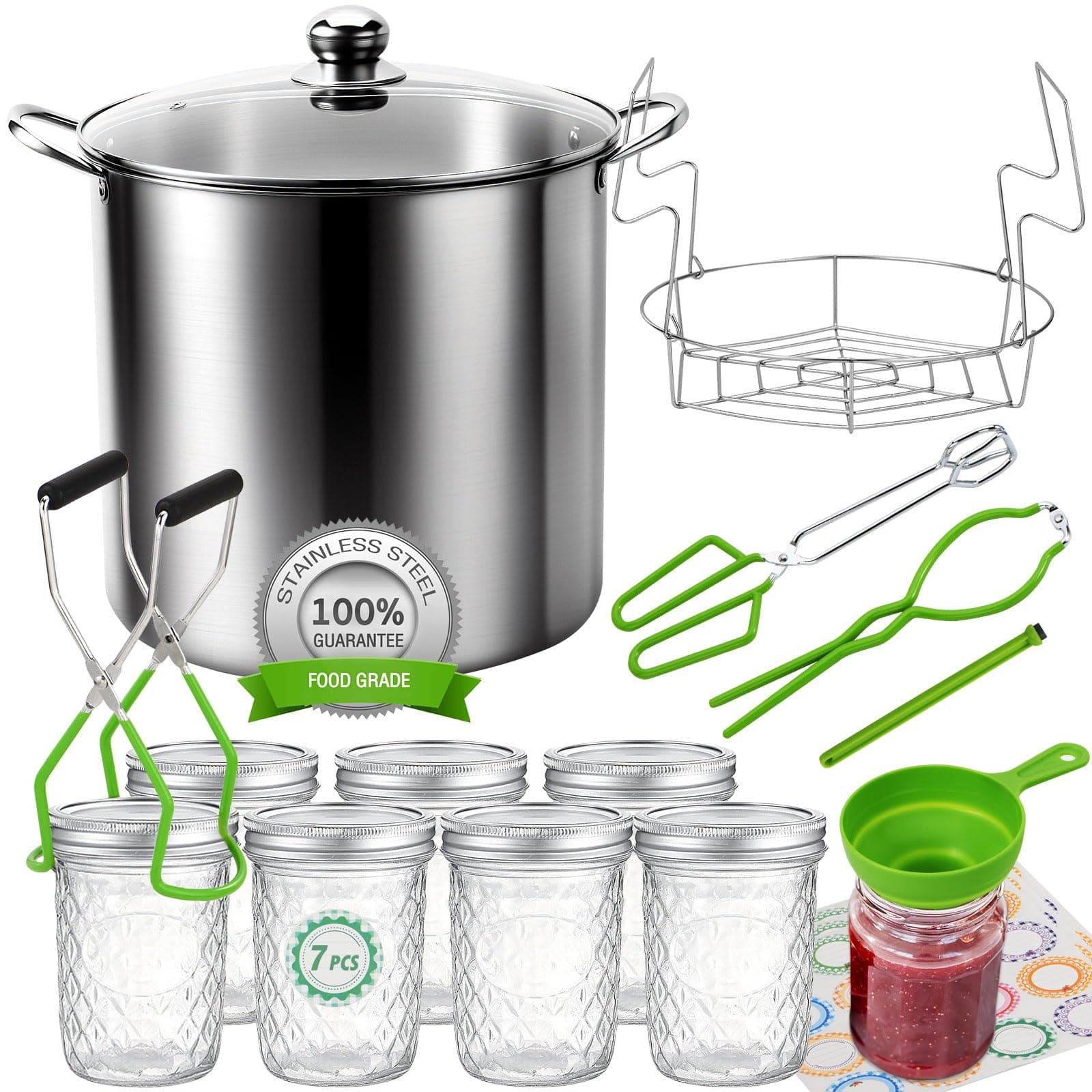 20 Quart Stainless Steel Water Bath Canner Kit with Rack & Jars & Accessories