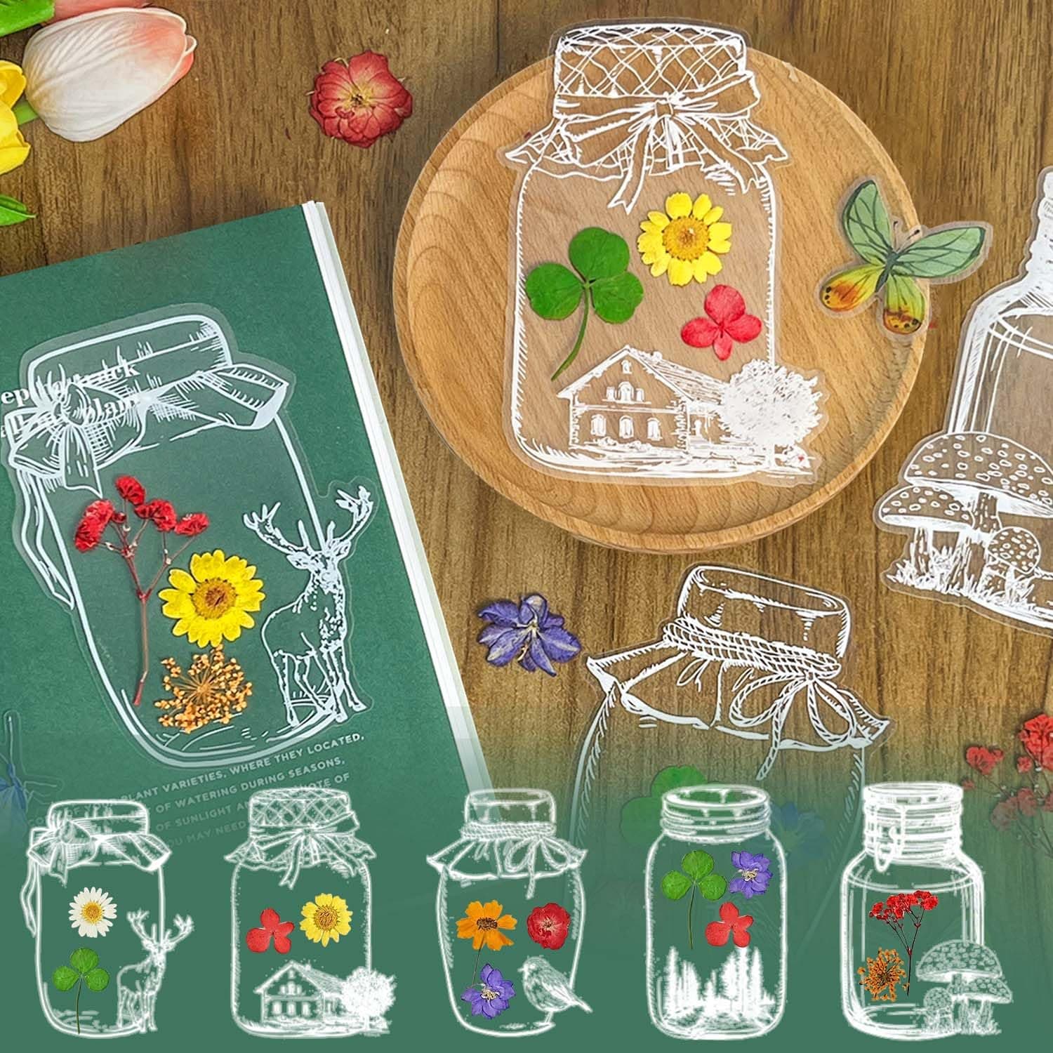 Krinisou Large Size Jar Clear Bookmarks with Flowers & Butterflies, 20Pcs Kit