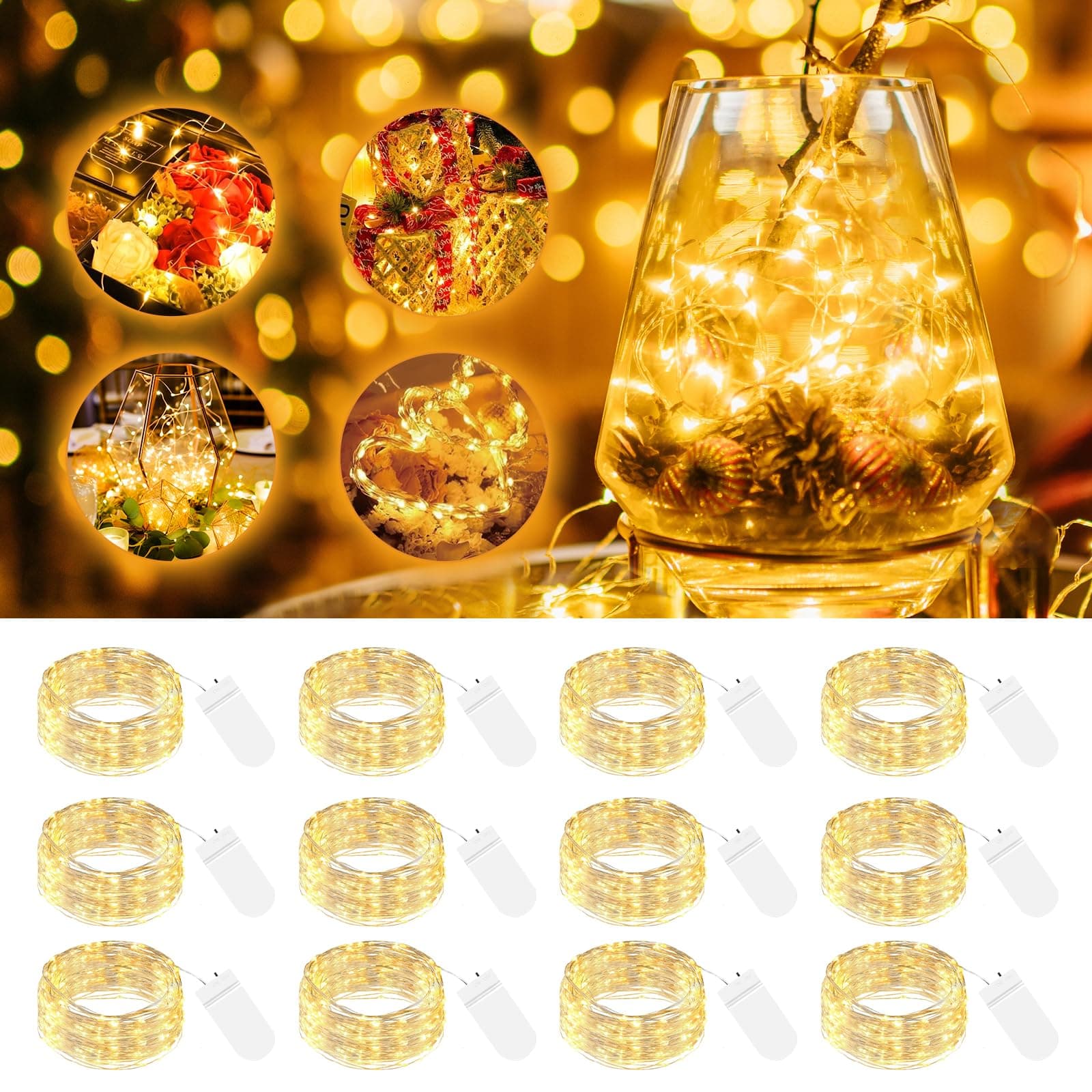 btfarm 12 Pack Warm White 7ft LED Fairy Lights for Mason Jars & Party Centerpieces